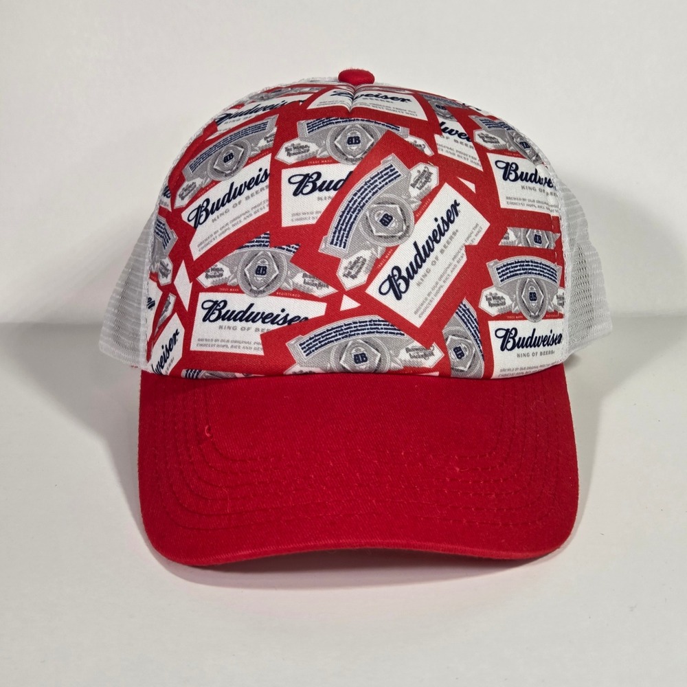 Budweiser King of Beers Trucker Hat Red White Label All Over Print Snapback Cap - Picture 3 of 6